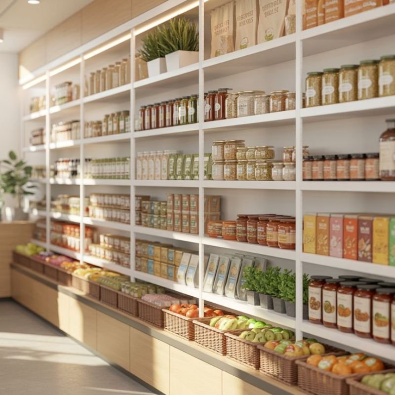 Kosher food products displayed on supermarket shelves