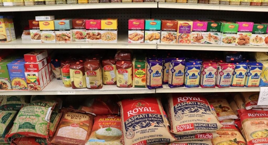 Family shopping in a supermarket grocery aisle
