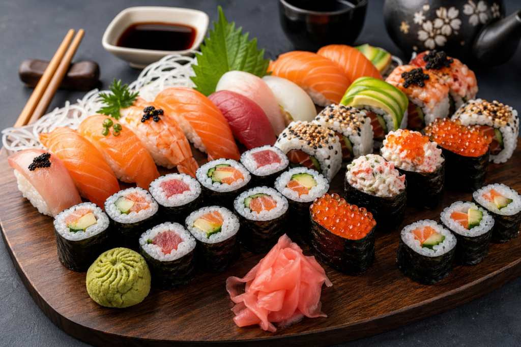 Fresh Sushi platter with assorted Sushi rolls, nigiri, roe, soy sauce, and chopsticks on a wooden table.