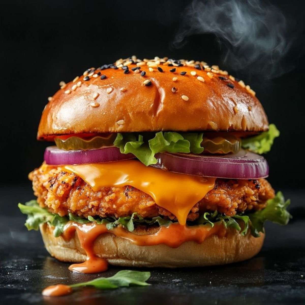 Classic American burger with juicy beef patty, lettuce, tomato, cheese, and sesame seed bun