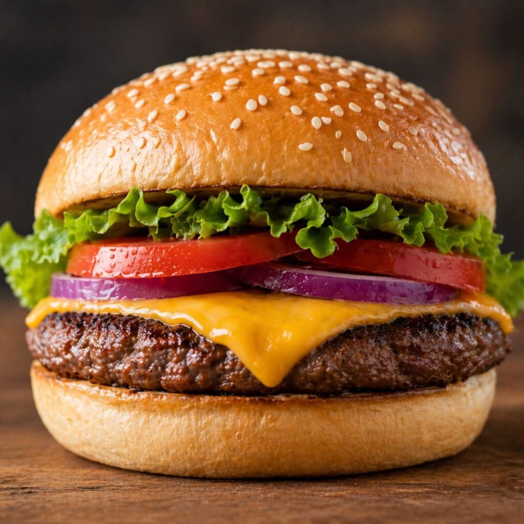 Classic cheeseburger with melted cheese, beef patty, lettuce, tomato, onion, and sesame seed bun on wooden table