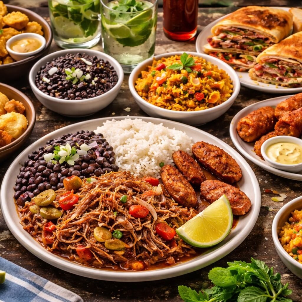 Cuban rice and beans served with picadillo and plantains