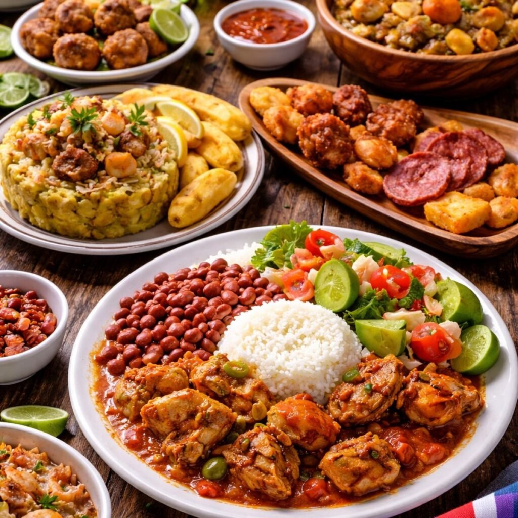 Dominican food list dish including pollo guisado, Dominican chicken, beans, and plantains