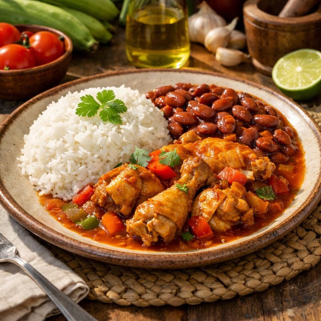 Alt Text: A vibrant plate of 'La Bandera Dominicana' featuring white rice, red beans in gravy, and stewed chicken with peppers, surrounded by fresh ingredients like plantains and lime.