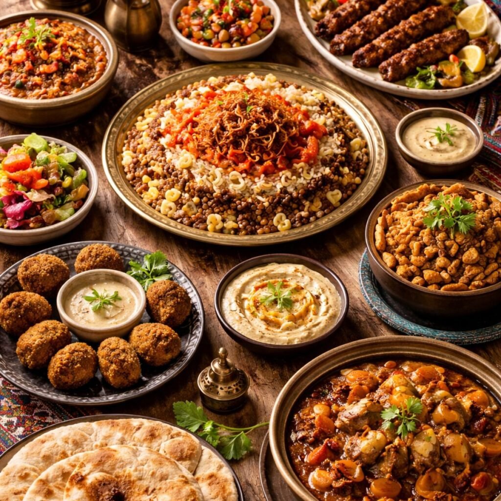 Traditional Egyptian food featuring koshari, rice dishes, and authentic Egyptian cuisine culture