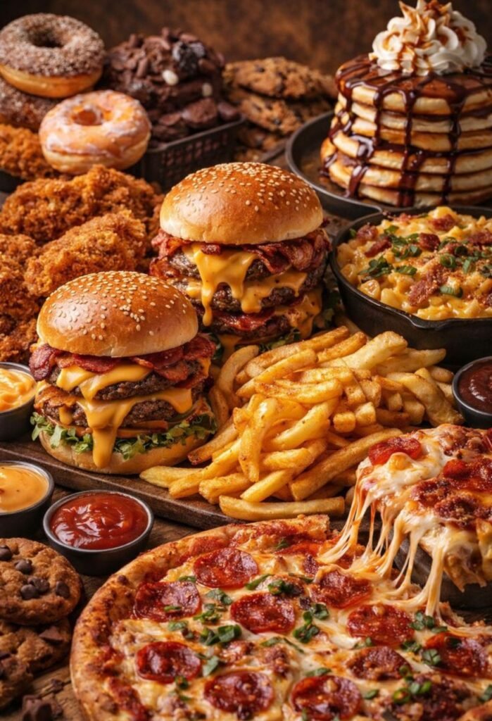 A table filled with indulgent fast food including cheeseburgers, fries, pepperoni pizza, fried chicken, donuts, cookies, brownies, pancakes with chocolate syrup, and macaroni and cheese.