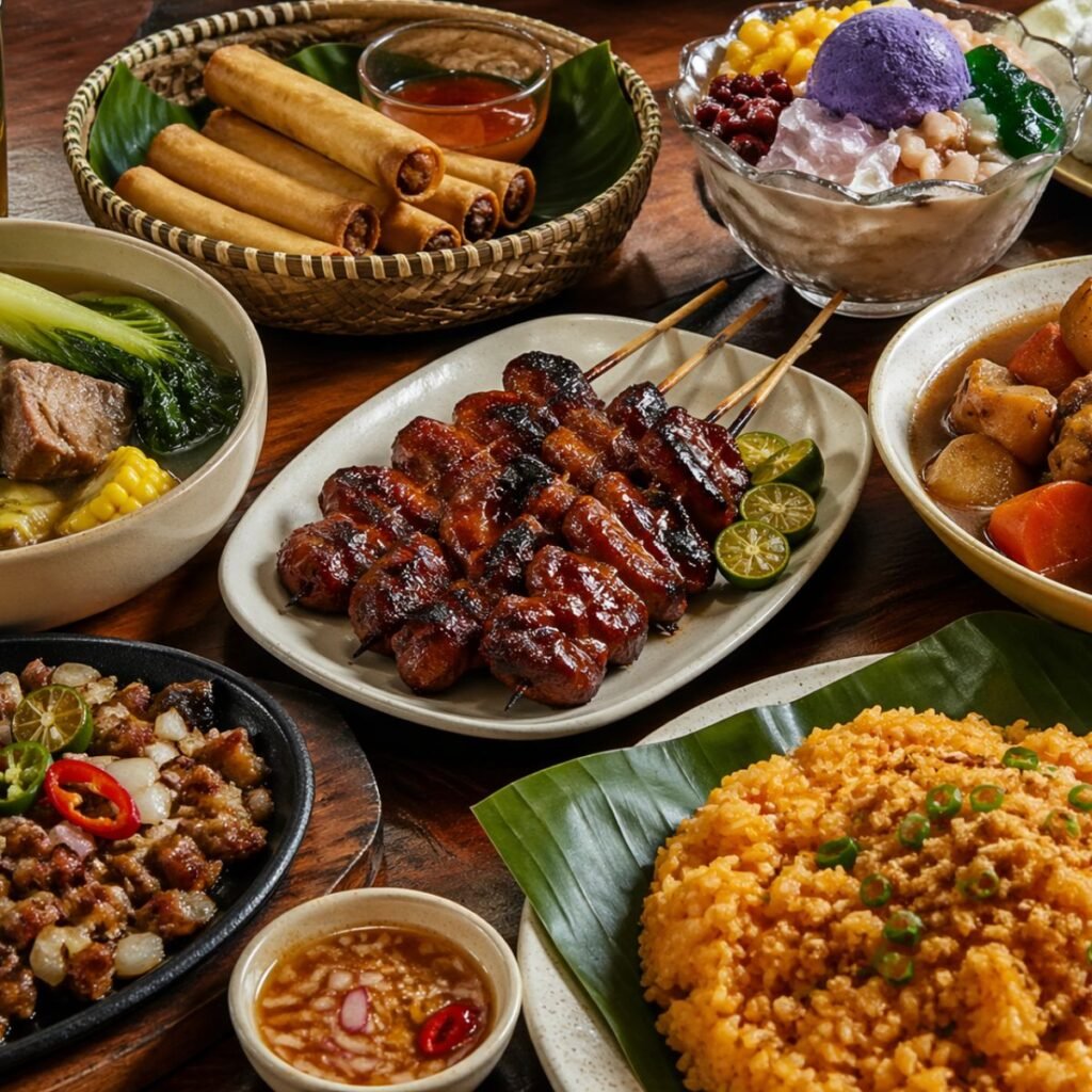 Filipino Food table with Chicken Adobo and rice