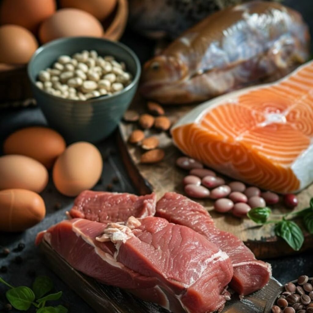 macros food plate showing protein carbs and healthy fats