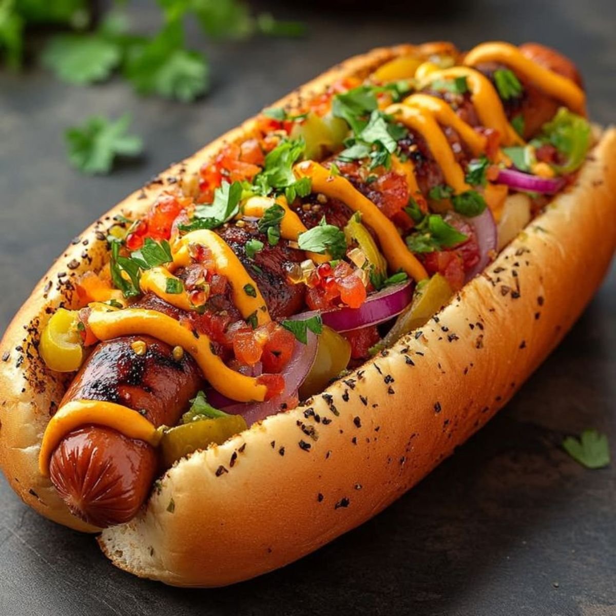 Classic hot dog in a soft bun topped with mustard, ketchup, and onions