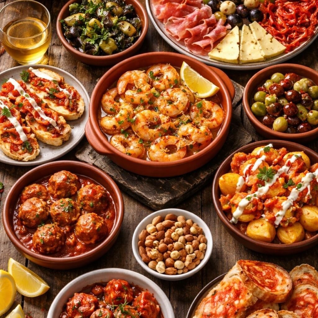 "A colorful tapas food platter featuring Spanish small dishes like patatas bravas, garlic shrimp, olives, and cheese.