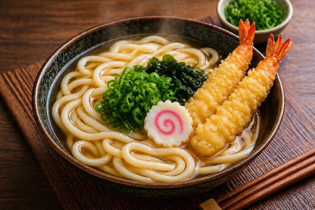 Japanese Udon Noodles served in hot broth with tempura shrimp and green onions