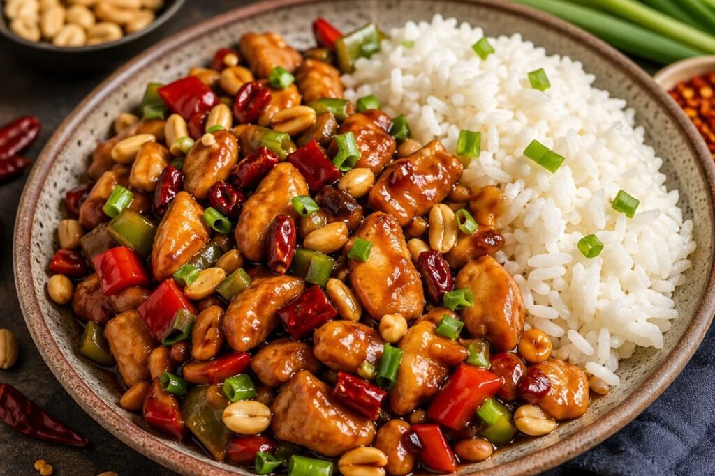 Kung Pao Chicken with Rice served in a bowl with spicy chicken, peanuts, vegetables, and fluffy white rice