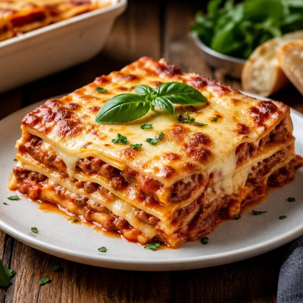 Homemade lasagne with golden cheese and meat sauce layers
