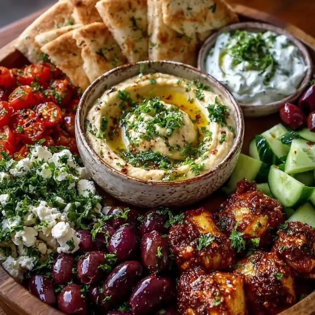 Mediterranean food with fresh vegetables, olive oil, and traditional Greek food dishes