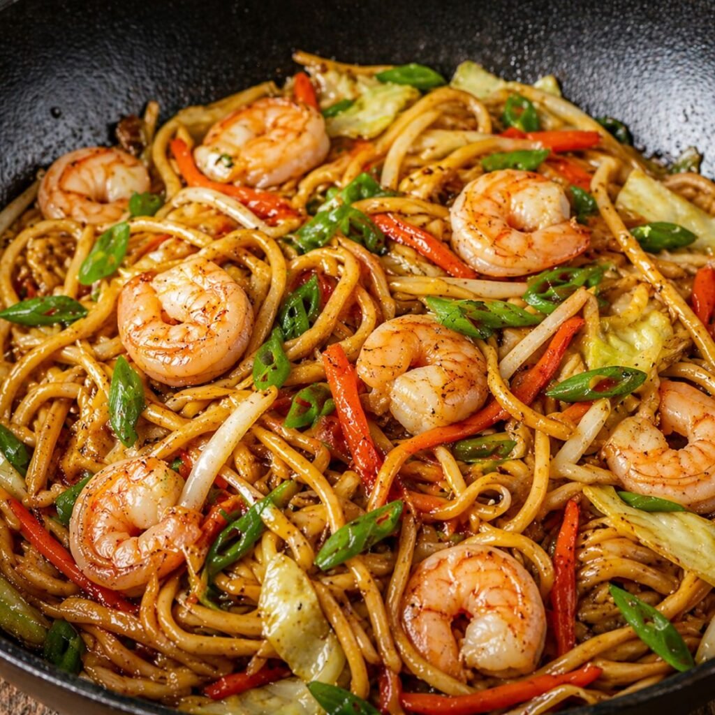 Shrimp chow mein served in a black wok with stir-fried noodles, shrimp, cabbage, carrots, bean sprouts, and sliced green onions