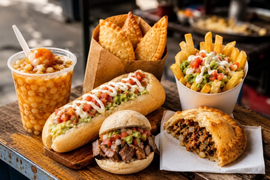 A vibrant display of authentic Chilean street food and snacks arranged on a rustic wooden table, featuring crispy empanadas, loaded fries with avocado and sauce, savory sandwiches, and traditional sweet drinks in a lively outdoor market setting with warm natural lighting.