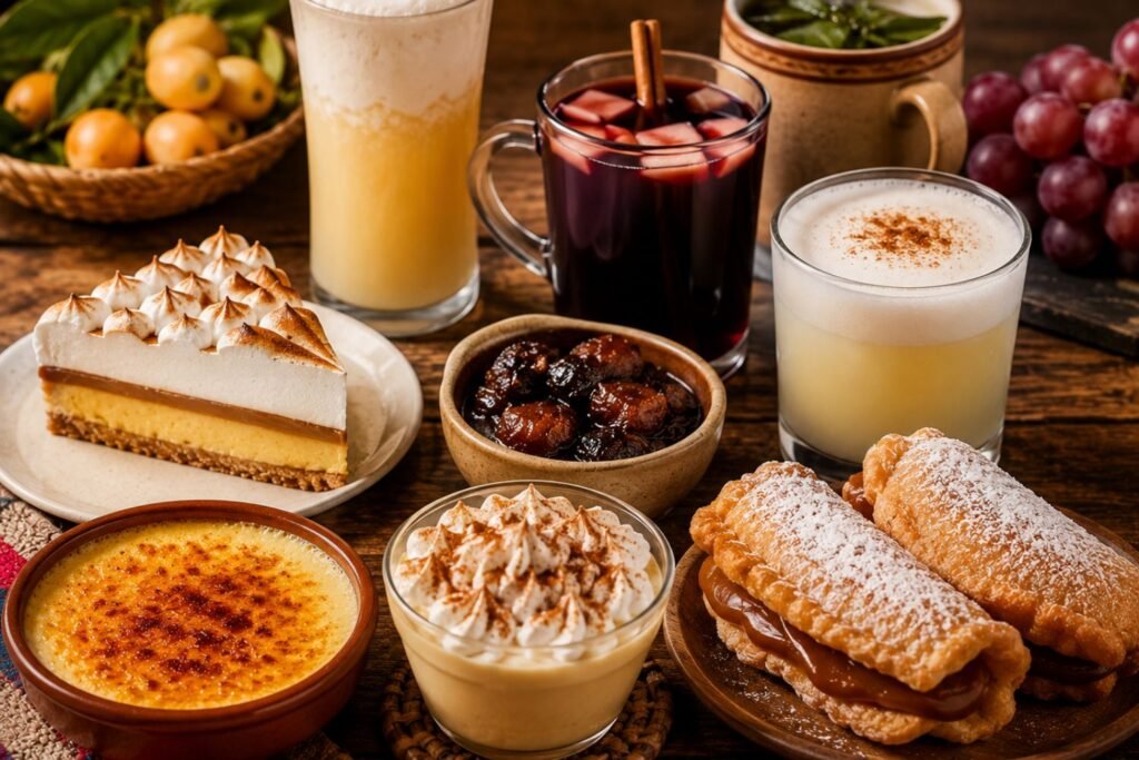 A delicious assortment of Chilean desserts and traditional drinks displayed on a rustic wooden table, featuring creamy custards, caramel-filled pastries, layered cakes, sweet fruit treats, and refreshing beverages in a warm and inviting setting with soft ambient lighting.