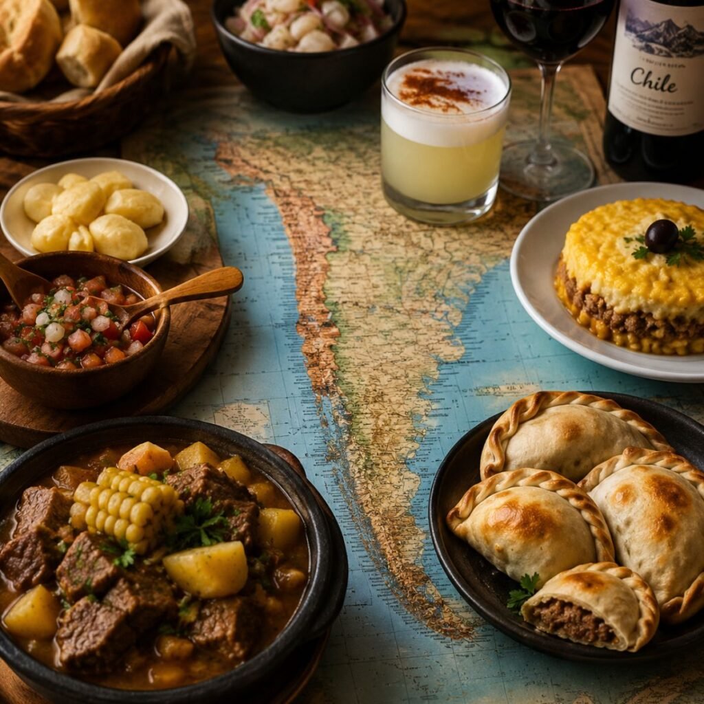 A beautifully styled Pinterest-inspired flat lay featuring iconic Chilean dishes from around the world arranged on a vintage South America map. Golden baked empanadas, hearty Chilean beef stew with corn and potatoes, pastel de choclo, fresh pebre salsa, ceviche, rustic bread rolls, red wine, and a frothy pisco sour are displayed on a warm wooden table with cozy cinematic lighting. The scene feels authentic, elegant, and inviting with rich textures, earthy tones, and professional food photography aesthetics.