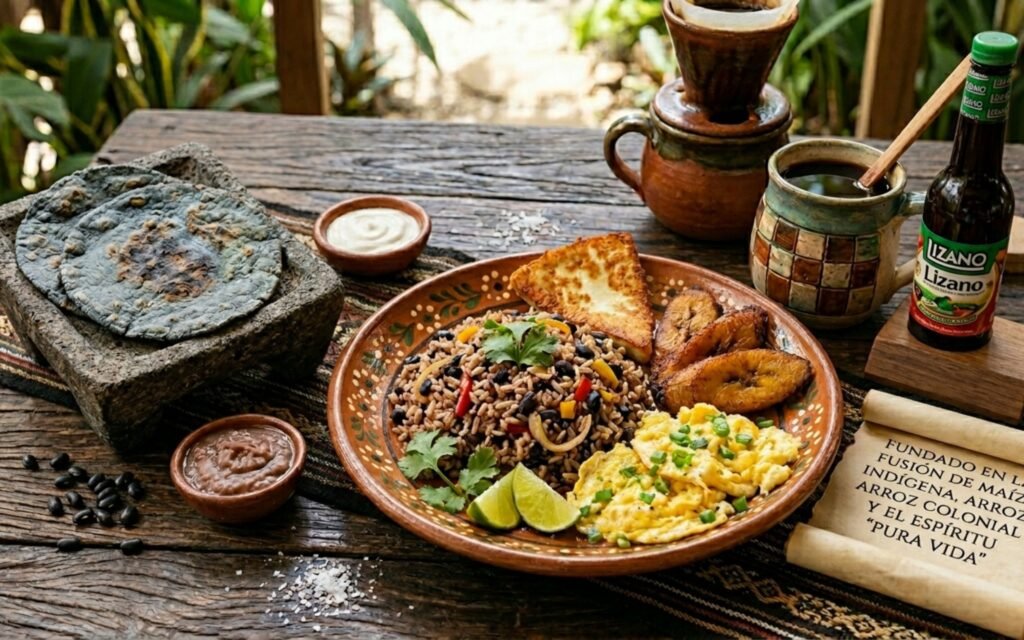 Traditional Costa Rican dishes arranged on a rustic table, representing the rich history of Costa Rican food with classic ingredients like rice, beans, corn, plantains, and fresh tropical produce.