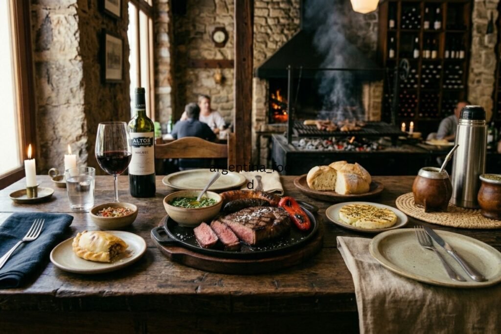 Argentina Food traditional dishes including asado, empanadas, and dulce de leche on a rustic wooden table
