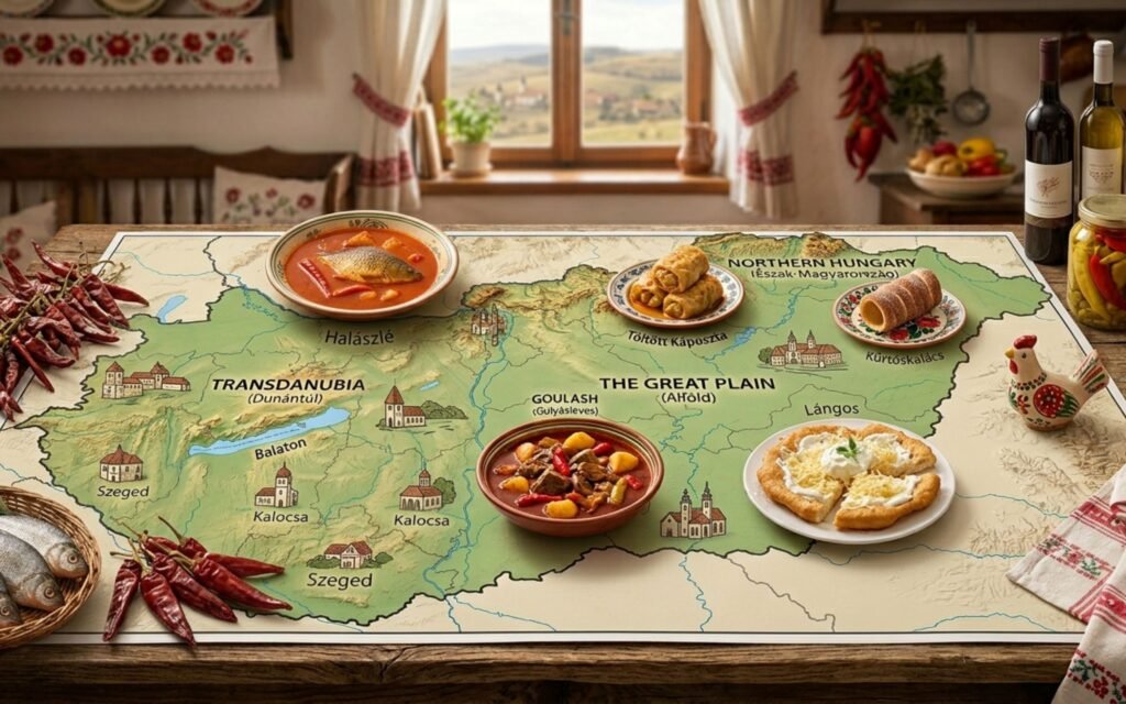 A professional infographic about the importance of paprika in Hungarian food, featuring bowls of vibrant red paprika powder, red chili peppers, and traditional Hungarian dishes such as goulash, chicken paprikash, stuffed peppers, fish soup, stew, and vegetable stew. The design uses warm red and beige tones with elegant typography and decorative Hungarian folk patterns, highlighting paprika’s cultural significance, flavor, health benefits, and different varieties in Hungarian cuisine.