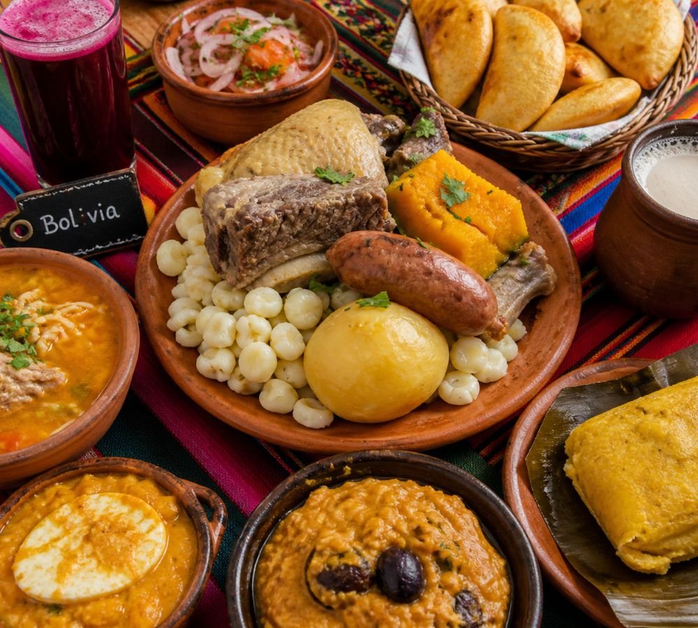 Easy Bolivian recipes collage featuring salteñas, silpancho, api morado, huminta, and traditional home-cooked dishes
