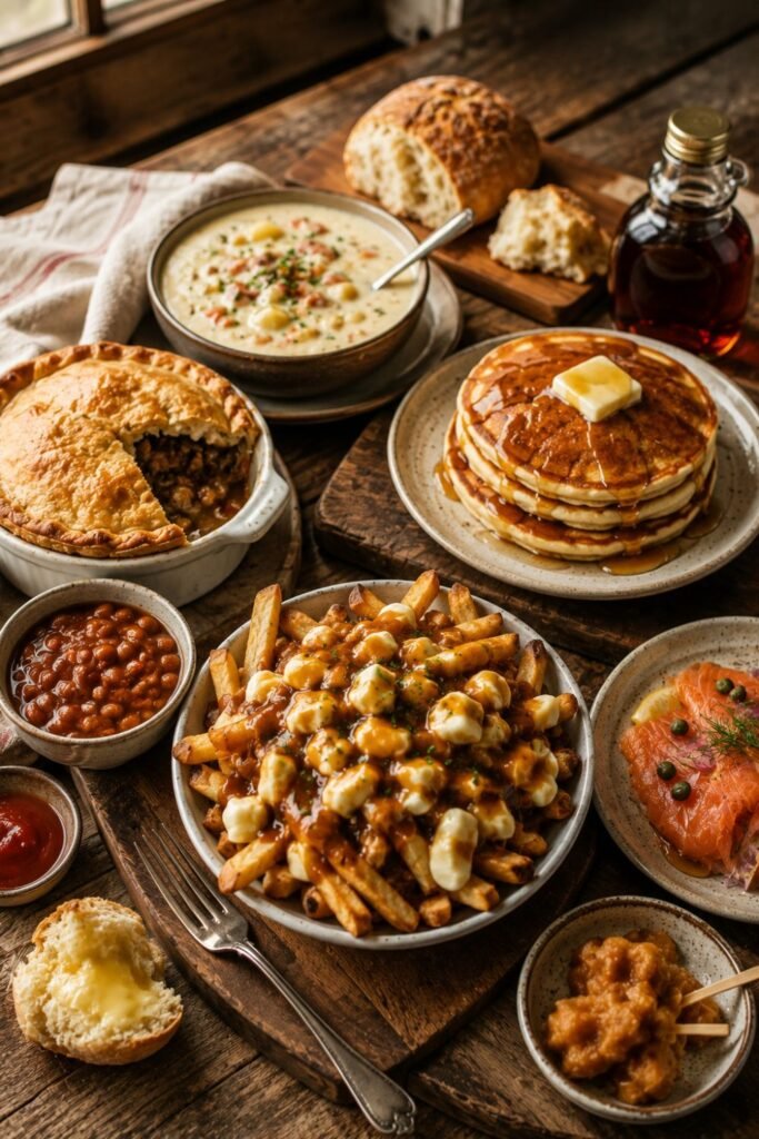 A rustic Canadian food spread featuring poutine, maple syrup pancakes, meat pie, creamy chowder, smoked salmon, baked beans, and fresh bread arranged on a wooden table with warm natural lighting in a cozy Pinterest-style setting.