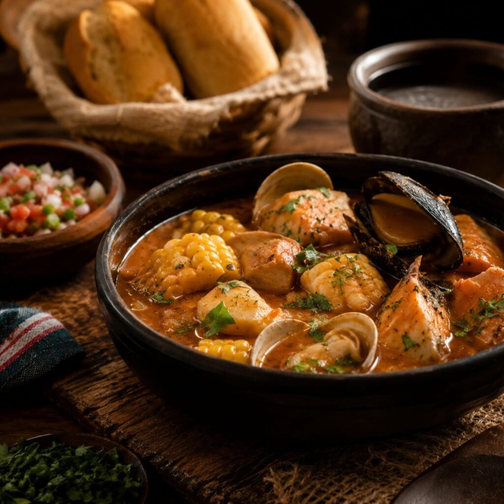 A rich and colorful spread of traditional Chilean food featuring fresh seafood stew, corn, shellfish, herbs, and rustic side dishes served on a wooden table in warm lighting.