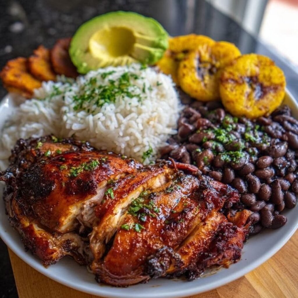 Traditional Colombian food platter featuring arepas, bandeja paisa, grilled meat, rice, beans, avocado, and fried plantains on a rustic table.