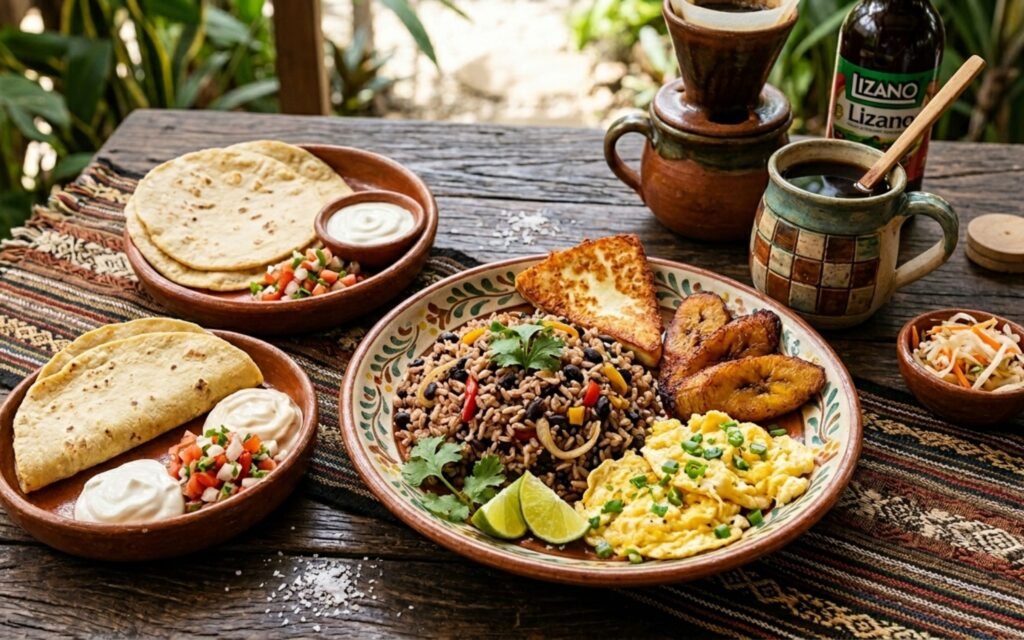 Traditional Costa Rican cuisine featuring gallo pinto, casado, rice, beans, fried plantains, grilled meat, fresh salad, and tropical fruits beautifully served on a rustic dining table.