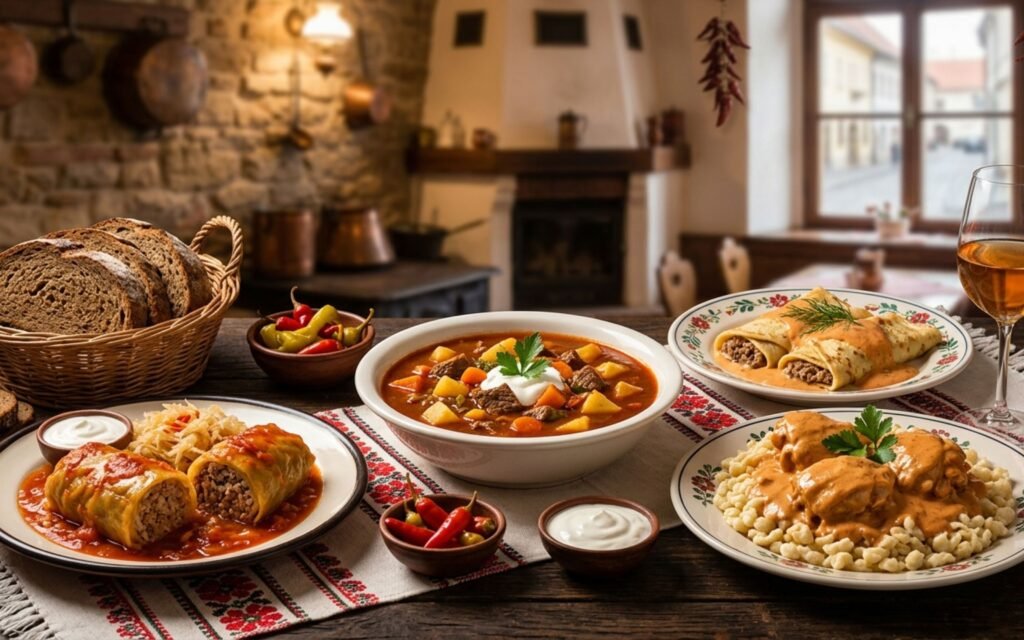 Famous Hungarian dishes including goulash, chicken paprikash, lángos, stuffed cabbage, and chimney cake beautifully served in a traditional Hungarian dining setting.