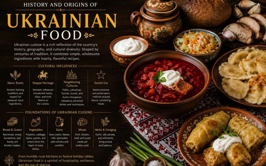 Traditional Ukrainian food ingredients and historic dishes displayed in a rustic kitchen setting, representing the rich history and origins of Ukrainian cuisine and cultural food traditions.