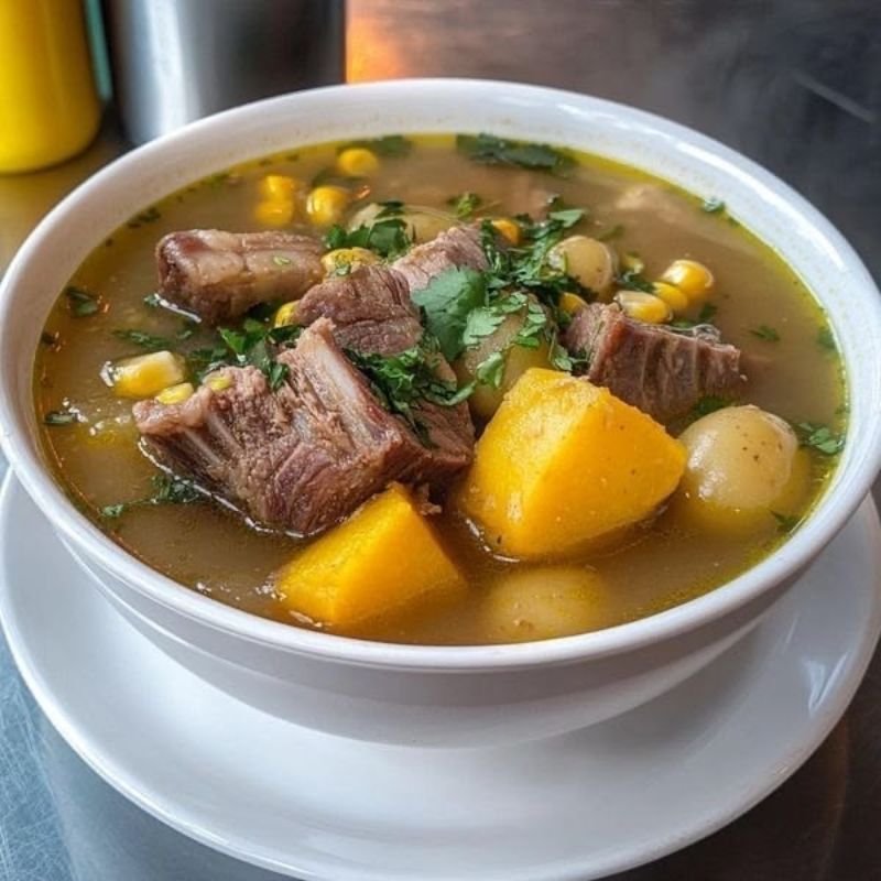 Ajiaco Colombian chicken and potato soup served with avocado