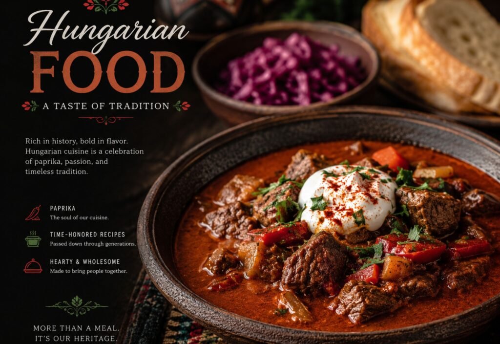 Traditional Hungarian Food with goulash, chicken paprikash, chimney cake, and authentic Hungarian cuisine served on a rustic table