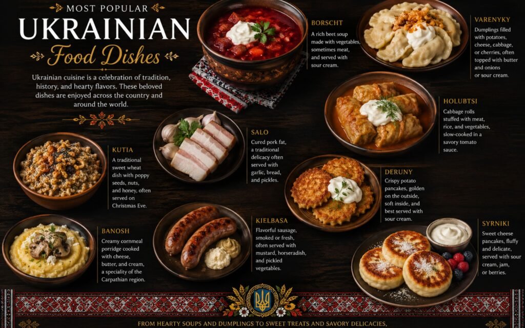 Most popular Ukrainian food dishes including borscht, varenyky, holubtsi, deruny, and traditional bread beautifully served on a rustic table with authentic Eastern European presentation.