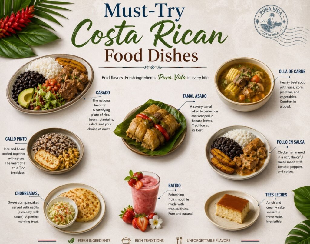 Alt text: Professional infographic-style image featuring must-try Costa Rican food dishes including casado, gallo pinto, olla de carne, tamal asado, pollo en salsa, chorreadas, batido, and tres leches, beautifully arranged on a light background with tropical leaves and authentic Costa Rican culinary presentation.