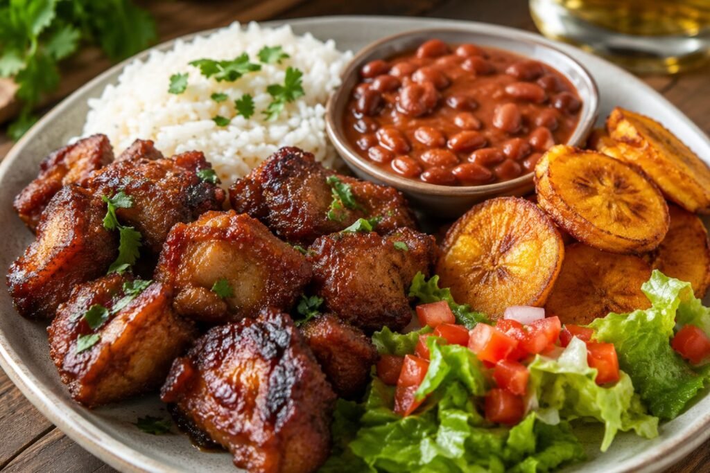 A professional Puerto Rican food platter featuring crispy pork, white rice, red beans, fried plantains, and fresh salad served on a rustic wooden table with warm lighting.
