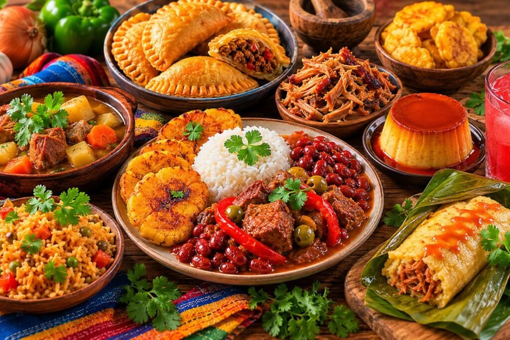 Puerto Rican food spread on a rustic wooden table, including arroz con gandules, roasted pork, tostones, beans, fresh salad, avocado, garlic, and tropical ingredients in a warm cultural dining setting with no text or flags.