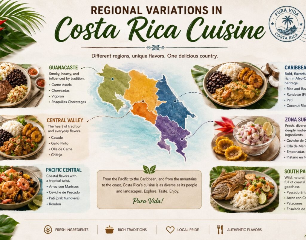 llustration showing regional variations in Costa Rican cuisine, highlighting coastal seafood dishes, Central Valley traditional meals, and Caribbean-style flavors with rice, beans, and tropical ingredients.”