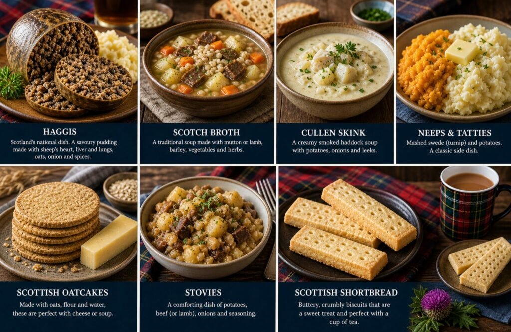 Scottish food traditional dishes served on table