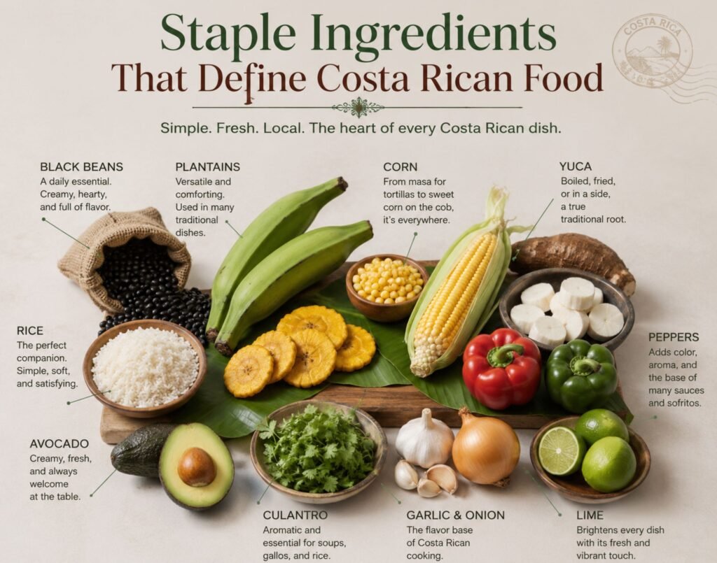 Alt text: Professional flat-lay image showcasing staple Costa Rican food ingredients including black beans, white rice, plantains, corn, yuca, avocado, peppers, lime, garlic, onion, and fresh herbs arranged on a rustic wooden surface with a clean and modern culinary aesthetic.