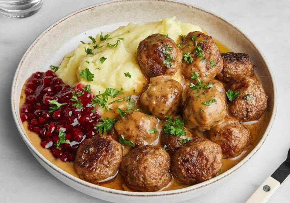 Swedish food guide featuring meatballs, gravlax, knäckebröd, cinnamon buns, and traditional Nordic dishes