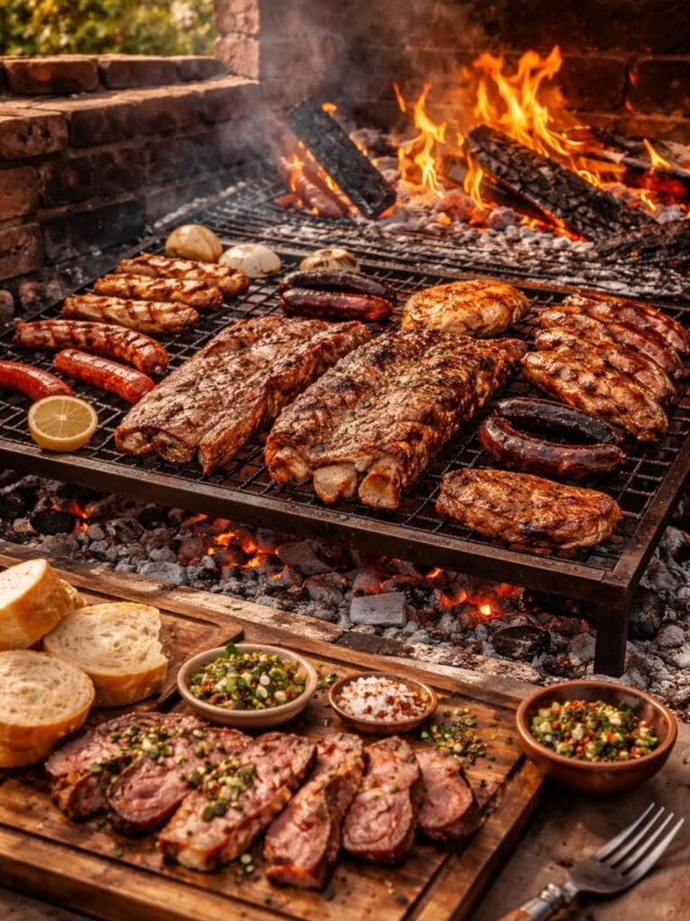 Argentina Food asado grilling beef on traditional parrilla over wood fire in Buenos Aires
