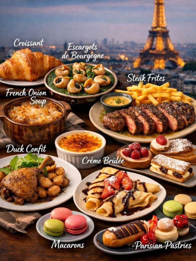 The most iconic Gourmet French Foods you must try — foie gras, escargot, crème brûlée, and bouillabaisse beautifully plated