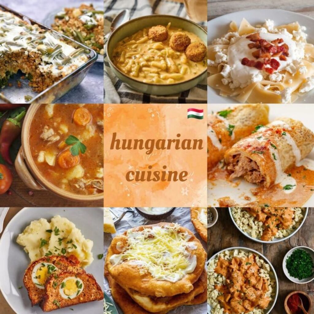 Traditional Hungarian cuisine displayed in a rustic setting with goulash, paprika, fresh bread, and authentic ingredients representing the rich history of Hungarian food culture.