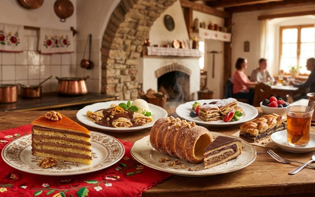 Traditional Hungarian desserts featuring chimney cake, dobos torte, rétes strudel, and sweet pastries beautifully presented on a rustic dessert table.