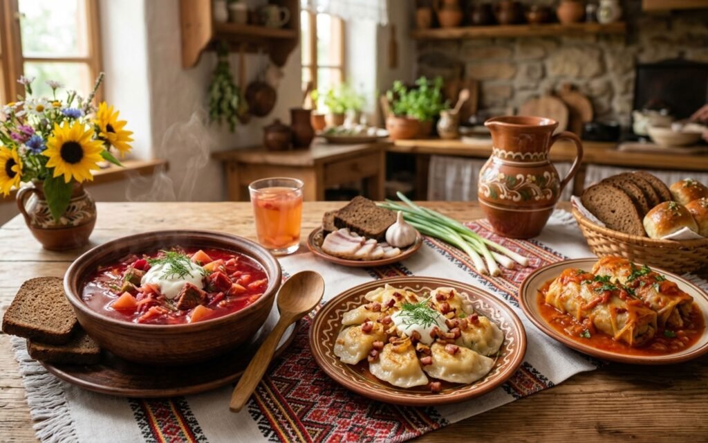 Authentic Ukrainian food dishes including borscht, varenyky dumplings, holubtsi cabbage rolls, and deruny potato pancakes served on a rustic wooden table in a traditional Eastern European style.