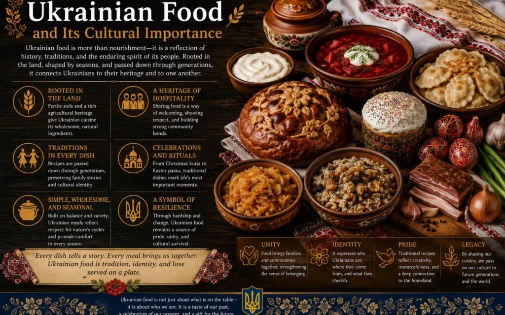 Traditional Ukrainian food served during a cultural family gathering featuring authentic dishes, embroidered table decor, and warm Eastern European hospitality.