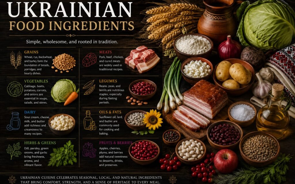 Fresh Ukrainian food ingredients including potatoes, cabbage, beets, onions, dill, sour cream, garlic, and homemade bread arranged on a rustic wooden table.