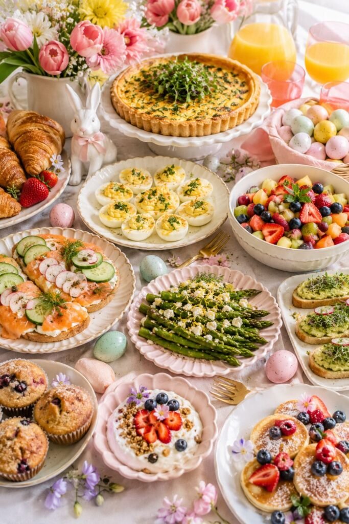Elegant Easter brunch spread with fresh fruit, deviled eggs, pastries, pancakes, and spring decorations.
